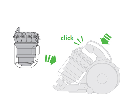 diagram showing how to replace the clear bin and cyclone